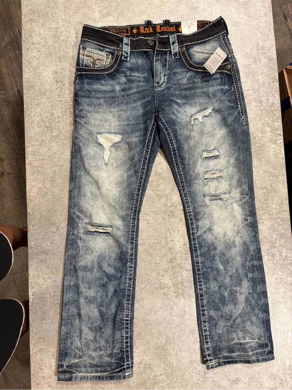 Rock Revival Men’s Slim Straight Distressed Blue Jeans